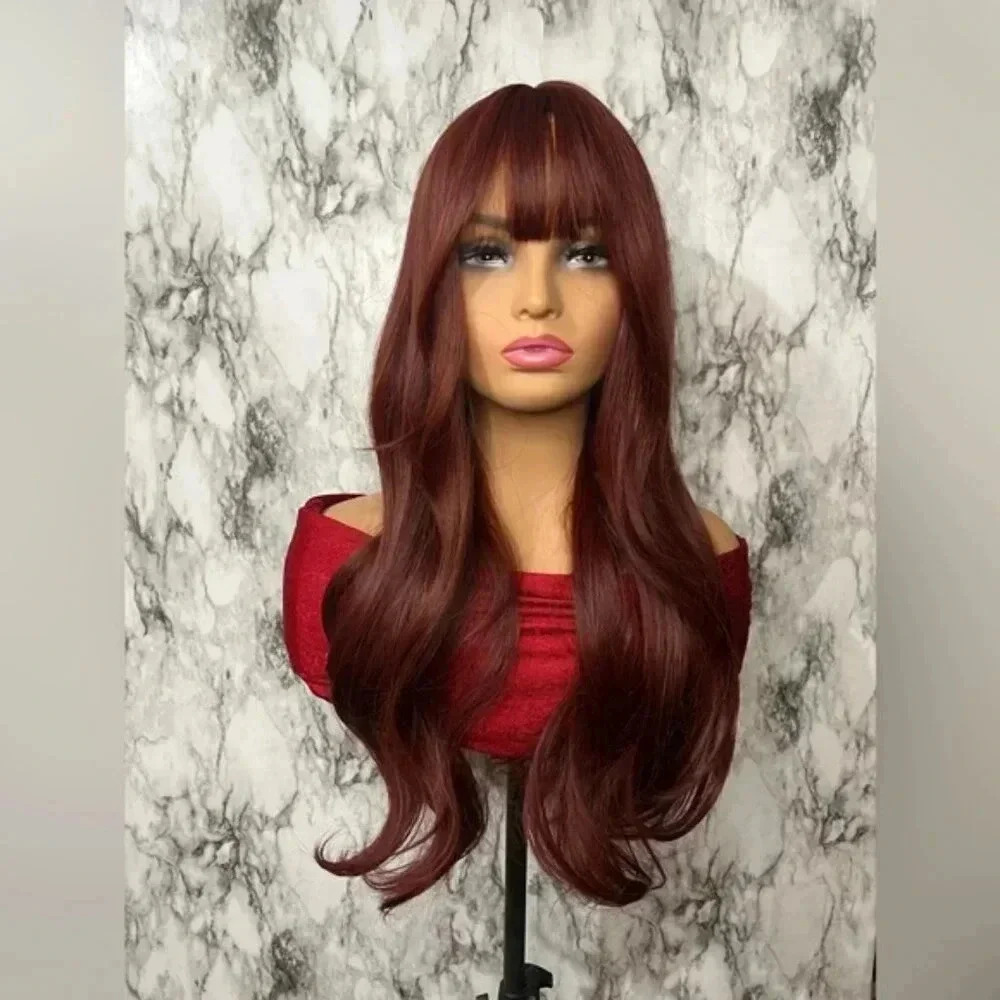 28 Inch Burgundy Long Wavy Wig with Bangs